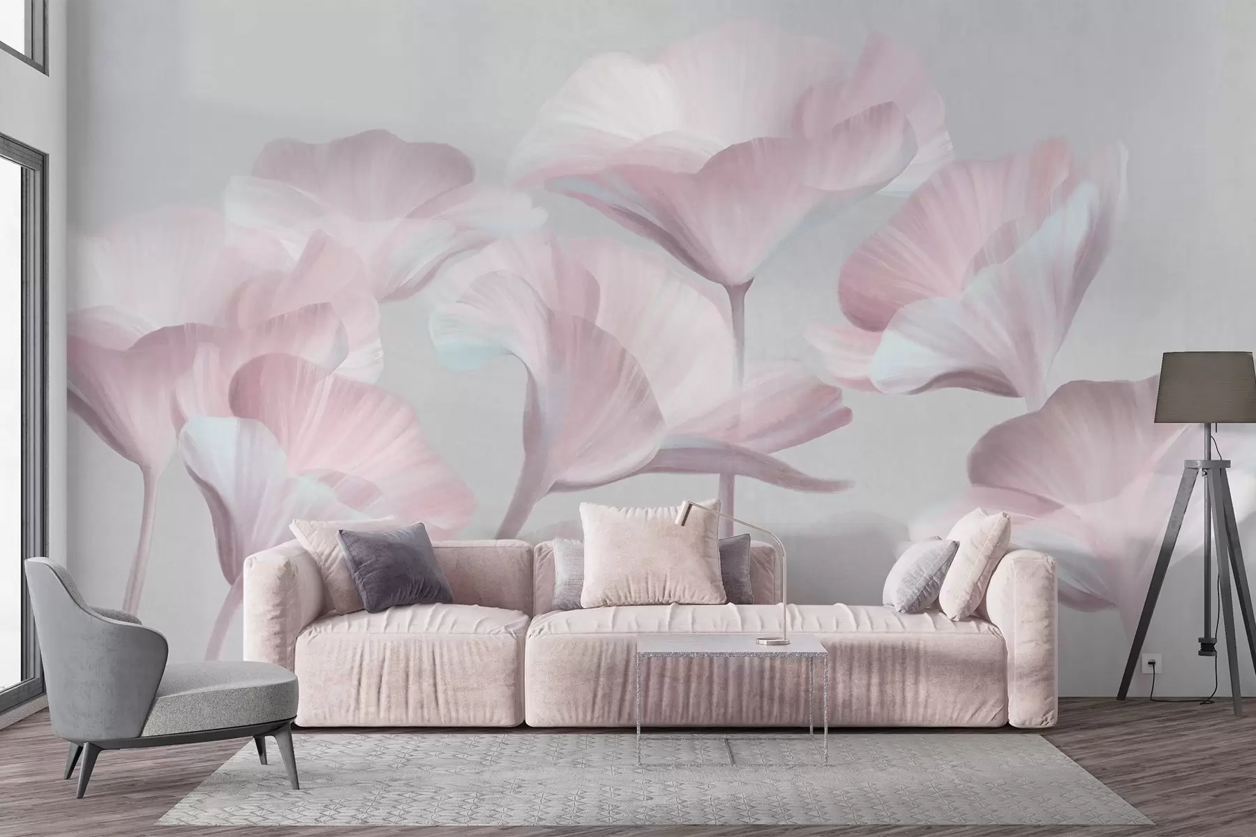peintures murales Fleurs de lotus translucides texturées rose pâle aux pétales délicats sur fond gris discret w09640v1