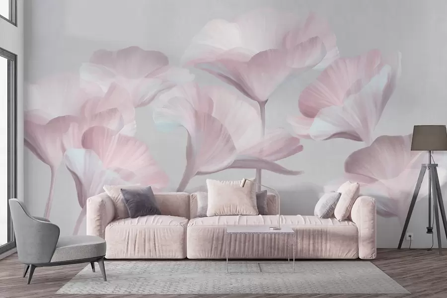 Wall Mural Photo Wallpaper Pale pink textured translucent lotus flowers with delicate petals against a muted gray background w09640v1