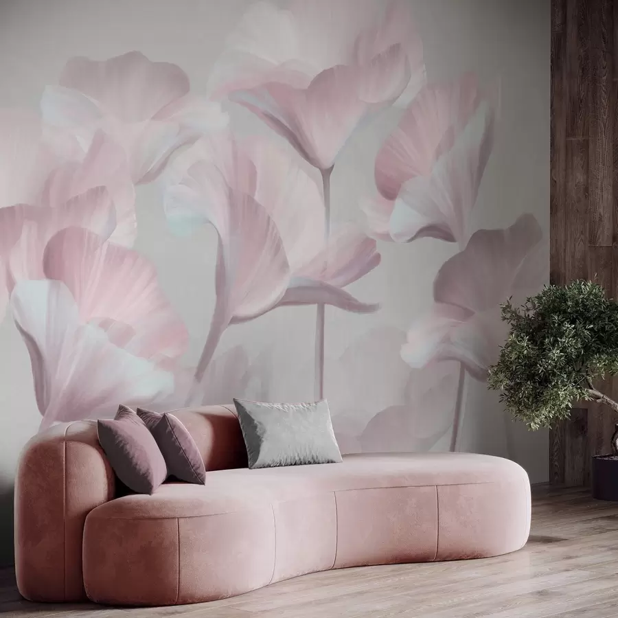 Wall Mural Photo Wallpaper Pale pink textured translucent lotus flowers with delicate petals against a muted gray background w09640v1
