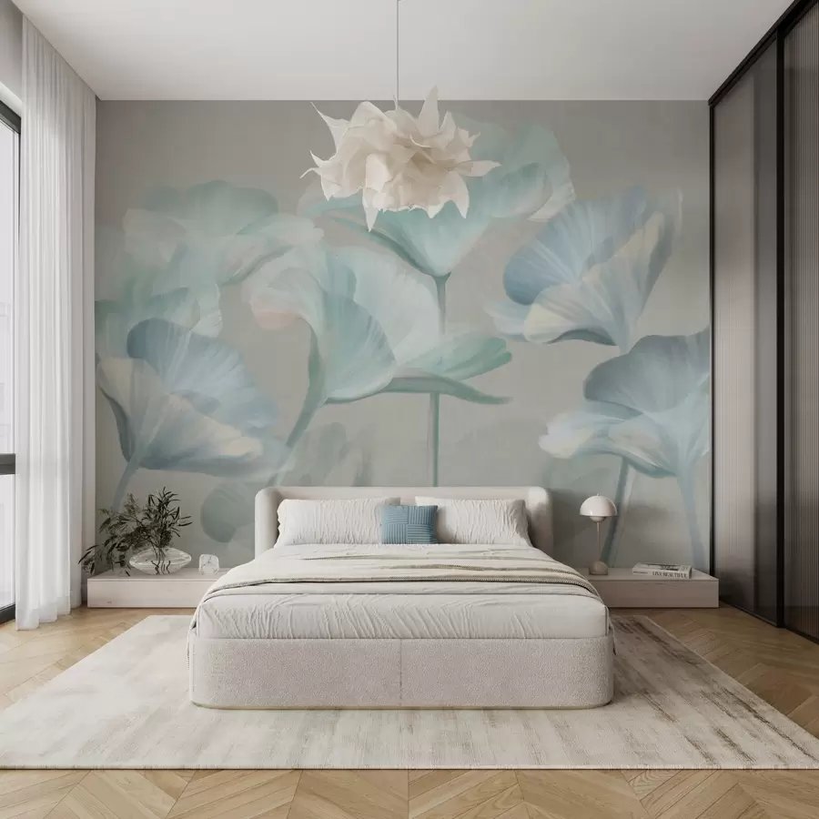 Wall Mural Photo Wallpaper Pale turquoise textured translucent lotus flowers with delicate petals against a muted gray background w09640v2