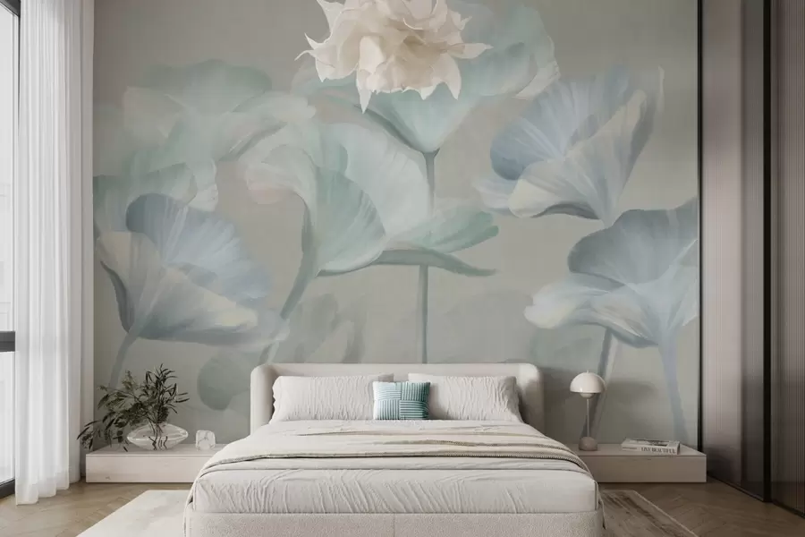 Wall Mural Photo Wallpaper Pale turquoise textured translucent lotus flowers with delicate petals against a muted gray background w09640v2