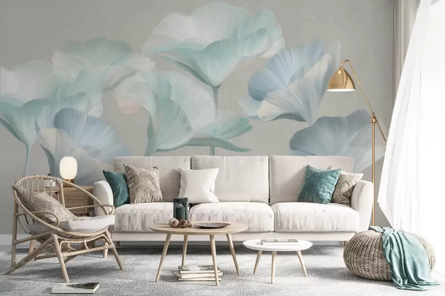 Wall Mural Photo Wallpaper Pale turquoise textured translucent lotus flowers with delicate petals against a muted gray background w09640v2