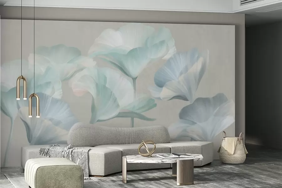 Wall Mural Photo Wallpaper Pale turquoise textured translucent lotus flowers with delicate petals against a muted gray background w09640v2