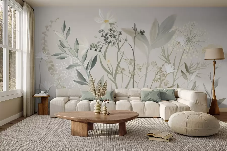 Wall Mural Photo Wallpaper Delicate textured wildflowers and foliage in muted green and cream tones against a soft beige background w09641