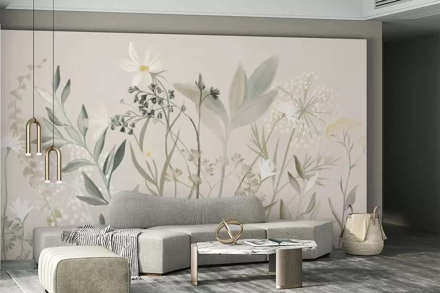 murales Delicadas flores silvestres y follaje con textura en tonos verdes y crema apagados sobre un fondo beige suave. w09641