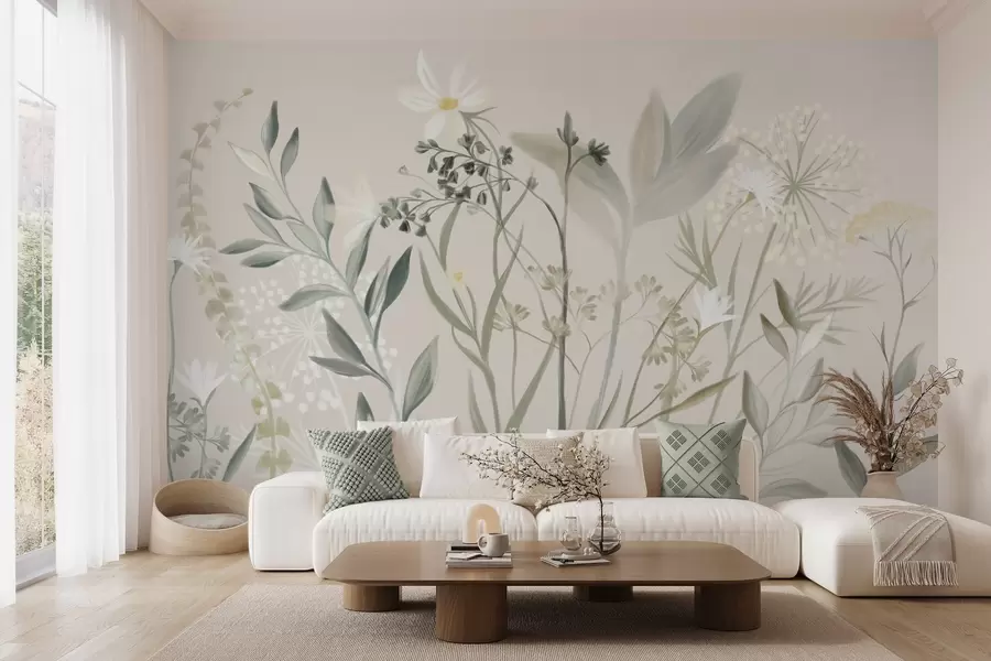 Wall Mural Photo Wallpaper Delicate textured wildflowers and foliage in muted green and cream tones against a soft beige background w09641