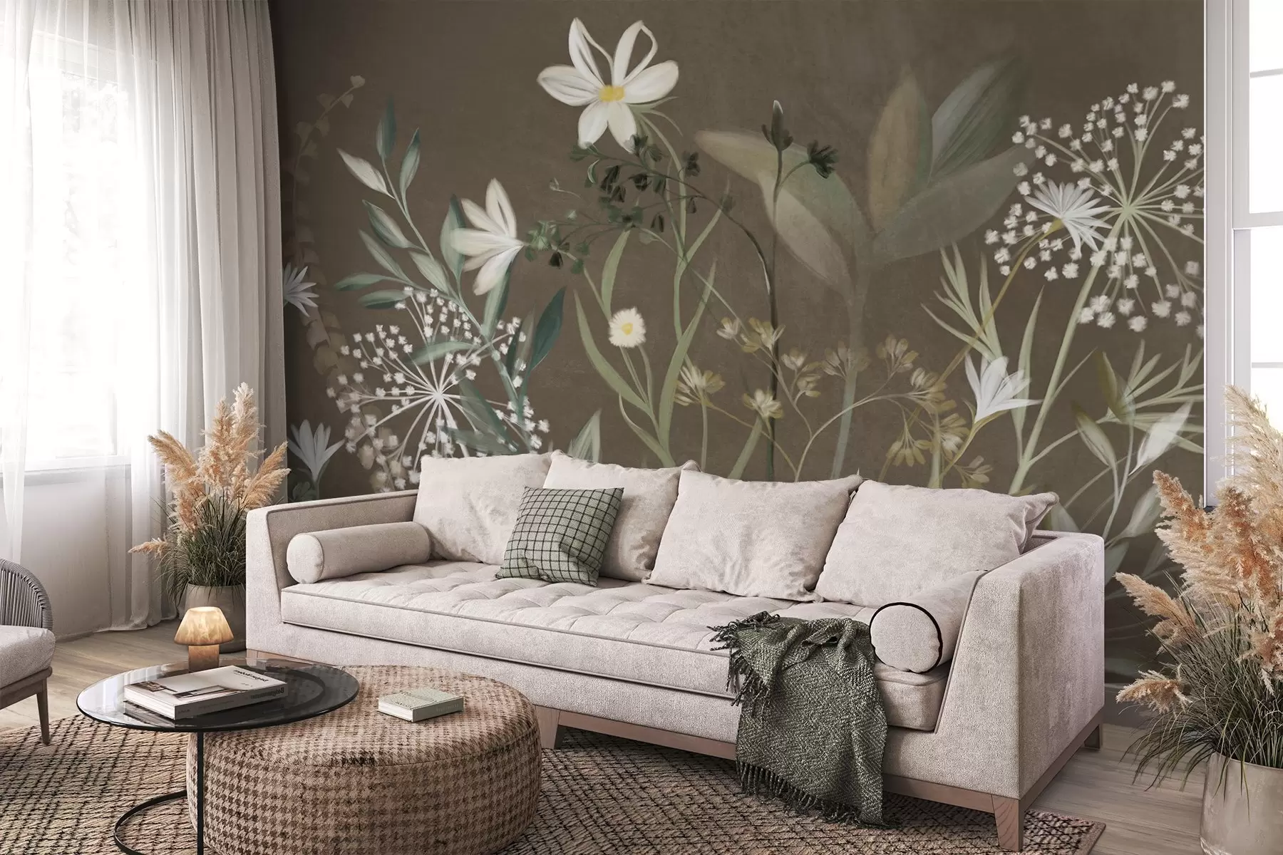 Wall Mural Photo Wallpaper Delicate textured wildflowers and foliage in muted green and cream tones against a brown background w09641v1