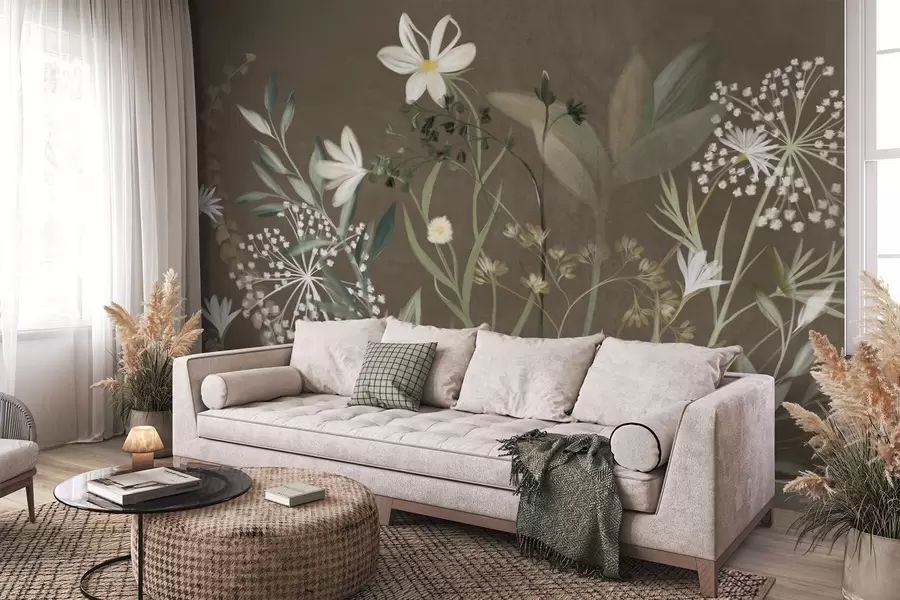 Wall Mural Photo Wallpaper Delicate textured wildflowers and foliage in muted green and cream tones against a brown background w09641v1