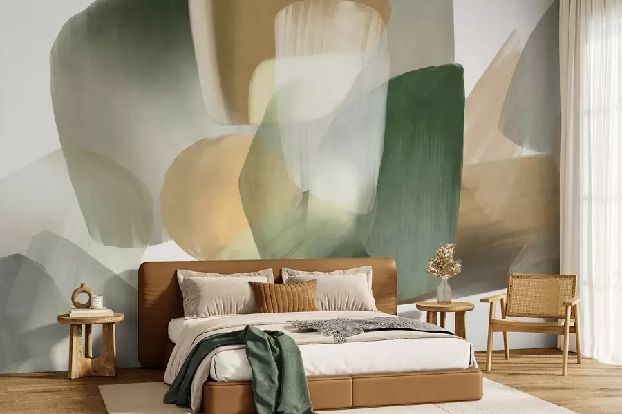 wall murals Abstract texrured shapes in muted green and beige colors, with soft edges and overlapping layers w09642