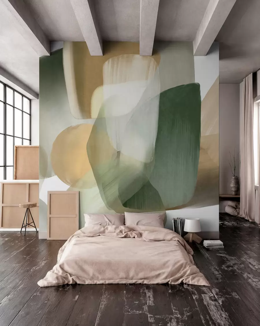 wall murals Abstract texrured shapes in muted green and beige colors, with soft edges and overlapping layers w09642
