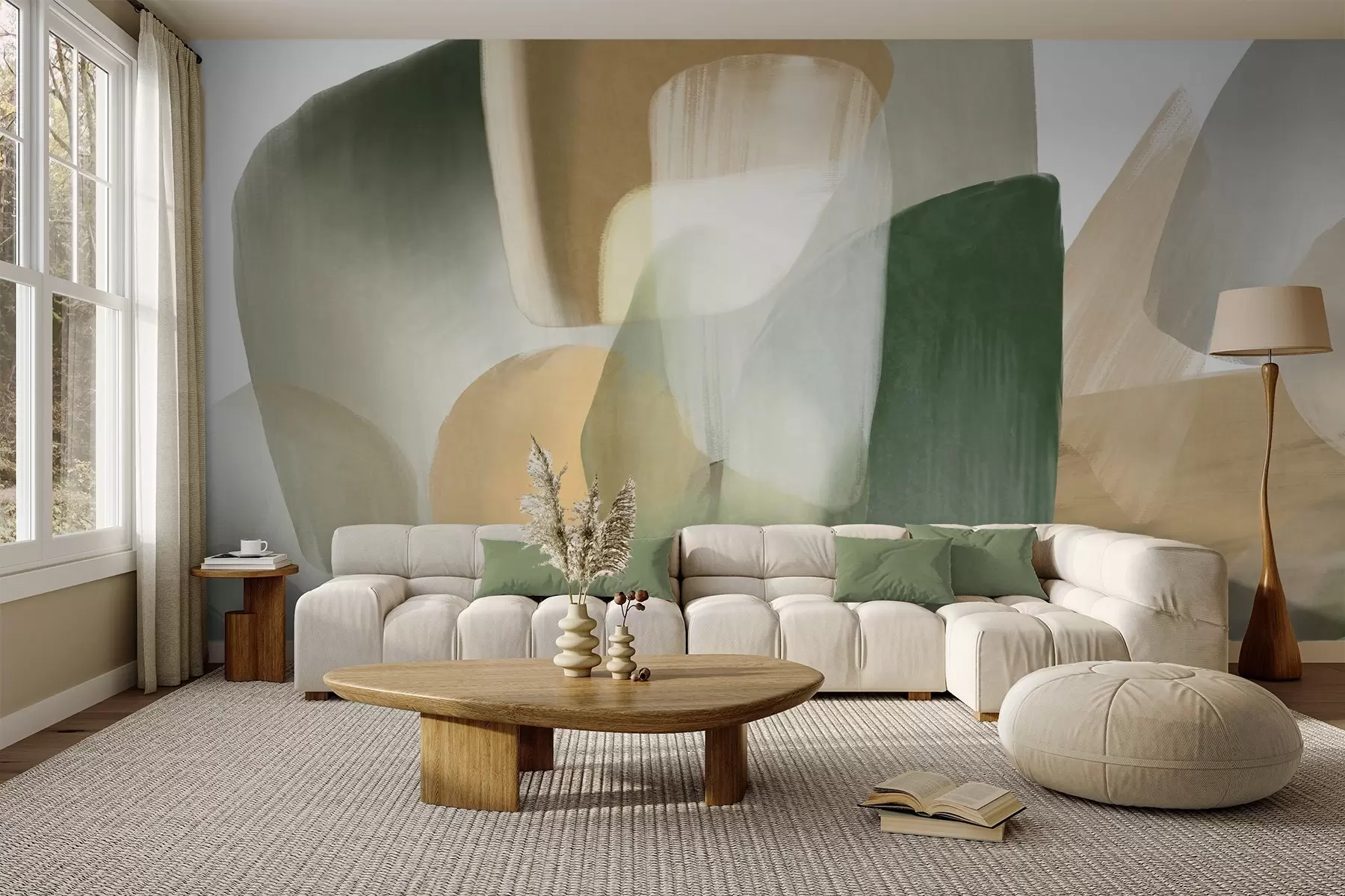 murales Formas abstractas con textura en colores verde y beige apagados, con bordes suaves y capas superpuestas. w09642