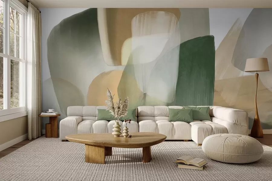 murales Formas abstractas con textura en colores verde y beige apagados, con bordes suaves y capas superpuestas. w09642