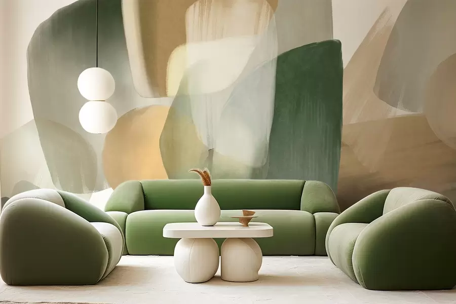 wall murals Abstract texrured shapes in muted green and beige colors, with soft edges and overlapping layers w09642