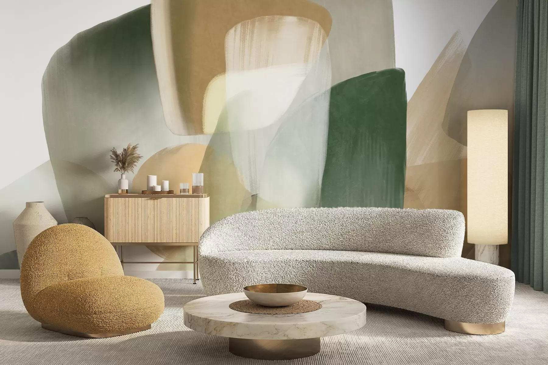 murales Formas abstractas con textura en colores verde y beige apagados, con bordes suaves y capas superpuestas. w09642