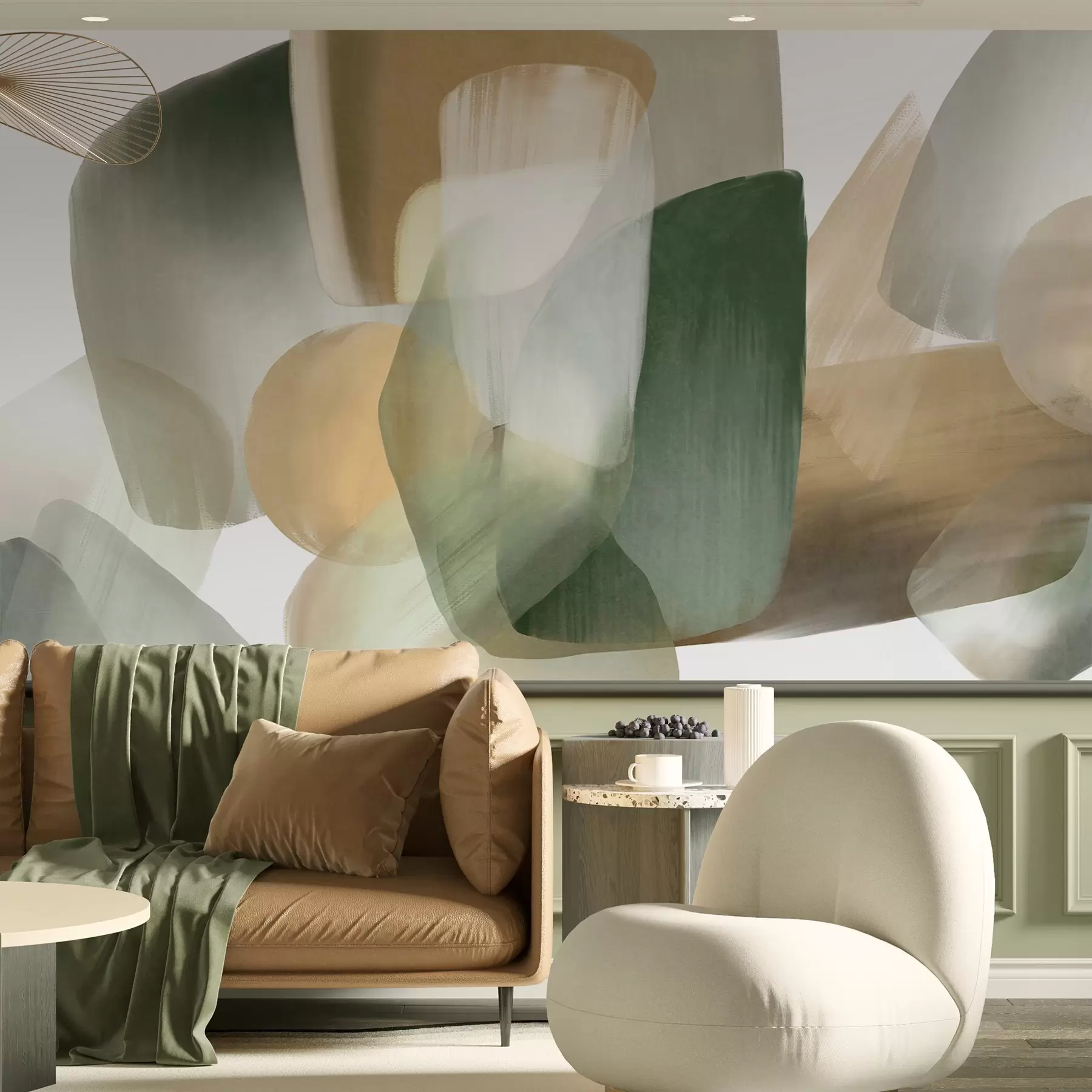 Wall Mural Photo Wallpaper Abstract texrured shapes in muted green and beige colors, with soft edges and overlapping layers w09642