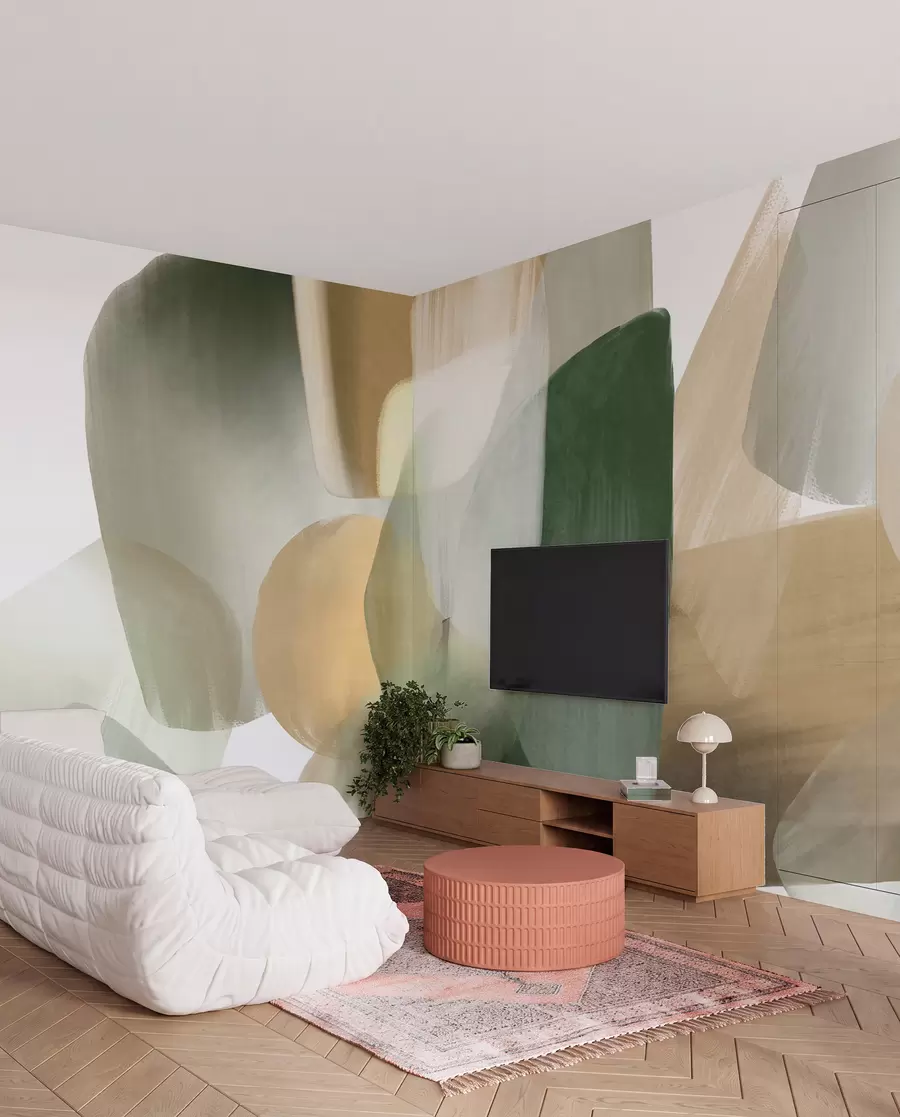 Wall Mural Photo Wallpaper Abstract texrured shapes in muted green and beige colors, with soft edges and overlapping layers w09642