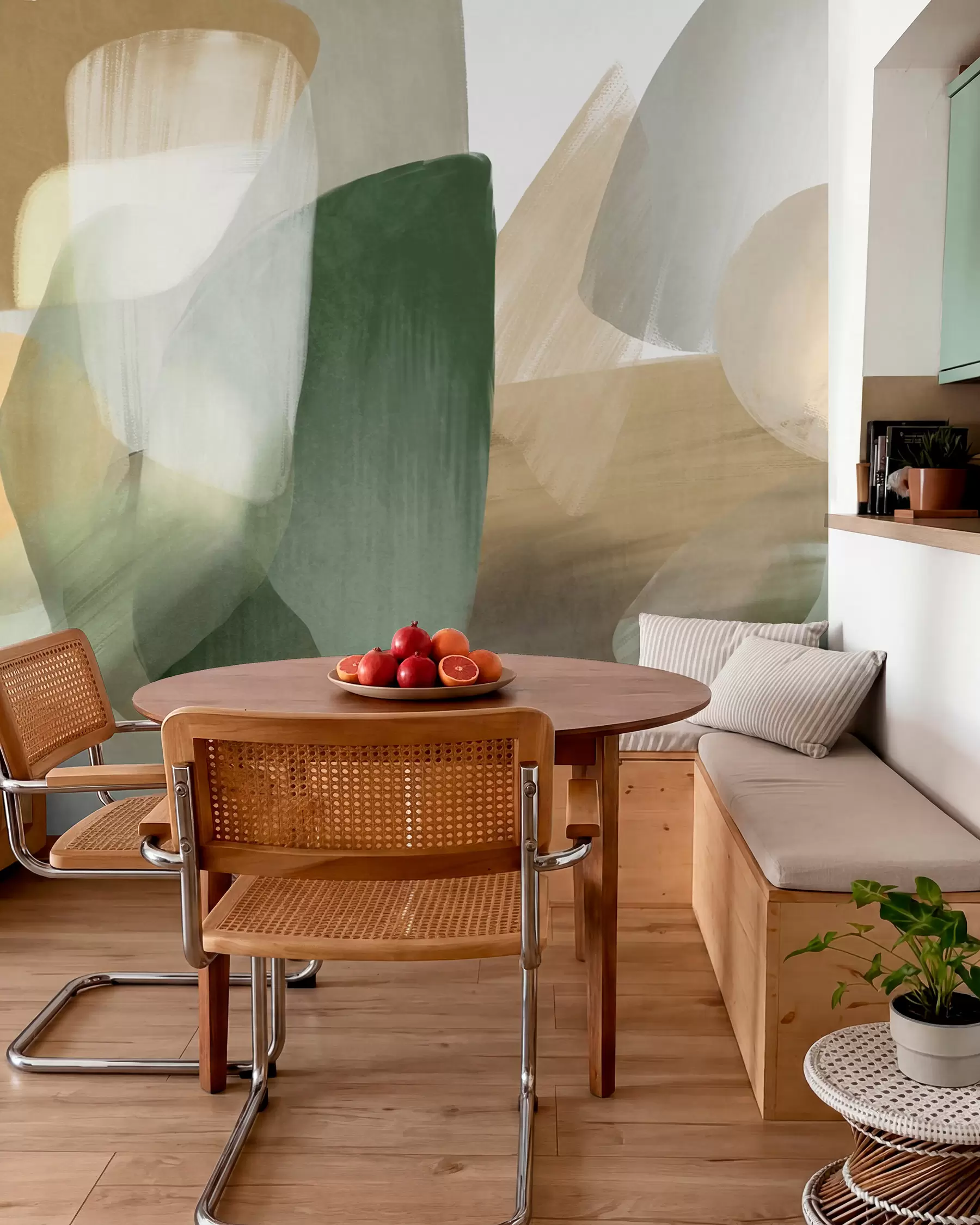 wall murals Abstract texrured shapes in muted green and beige colors, with soft edges and overlapping layers w09642