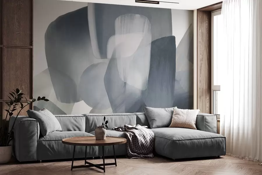 Wall Mural Photo Wallpaper Abstract texrured shapes in muted blue and gray colors, with soft edges and overlapping layers w09642v1