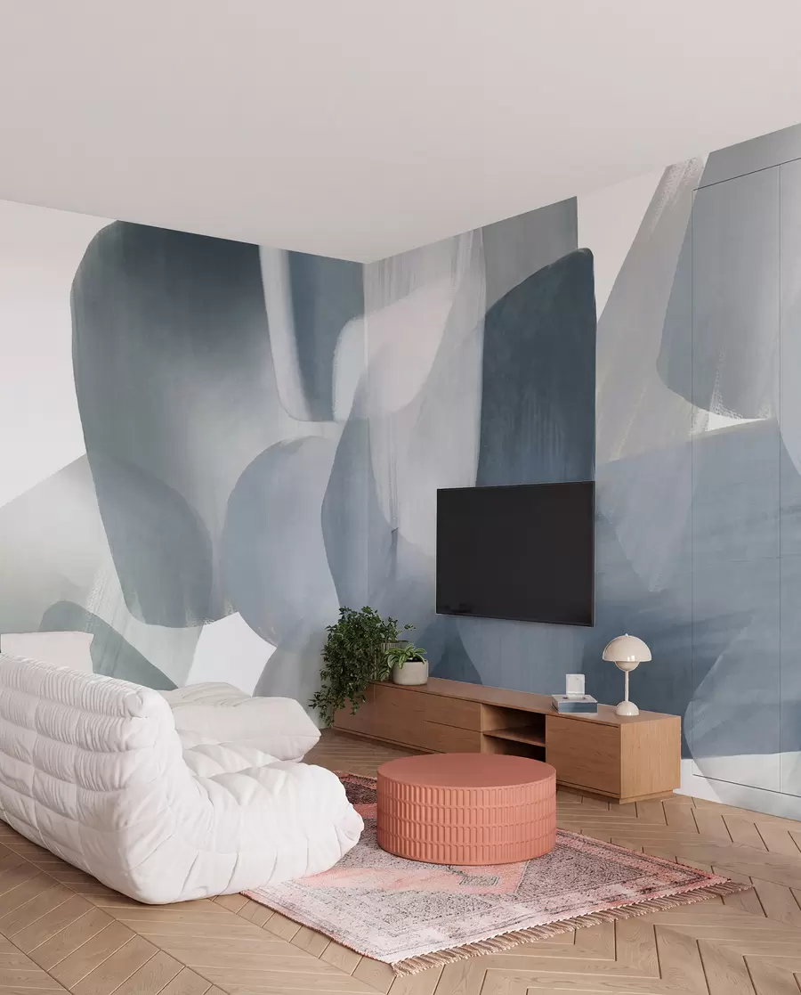 peintures murales Formes abstraites texturées dans des tons bleus et gris discrets, aux contours flous et aux couches superposées. w09642v1