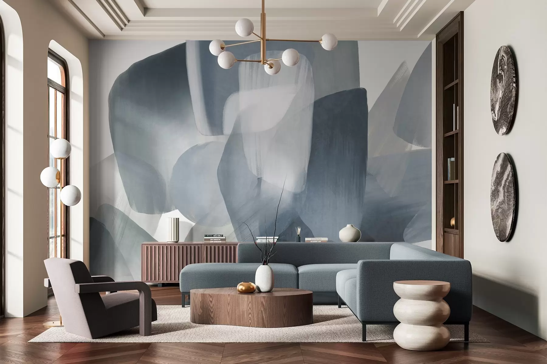 wall murals Abstract texrured shapes in muted blue and gray colors, with soft edges and overlapping layers w09642v1