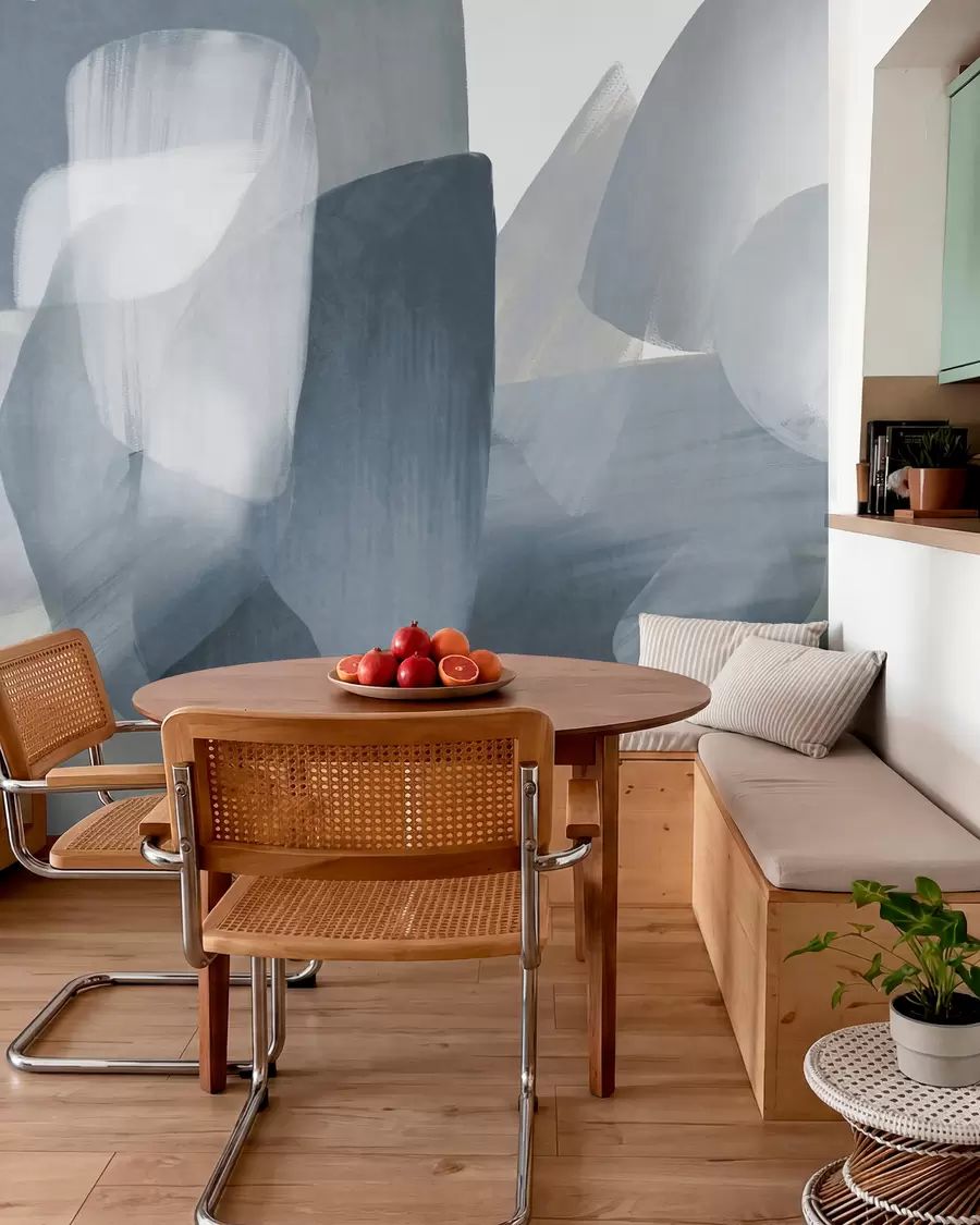 wall murals Abstract texrured shapes in muted blue and gray colors, with soft edges and overlapping layers w09642v1