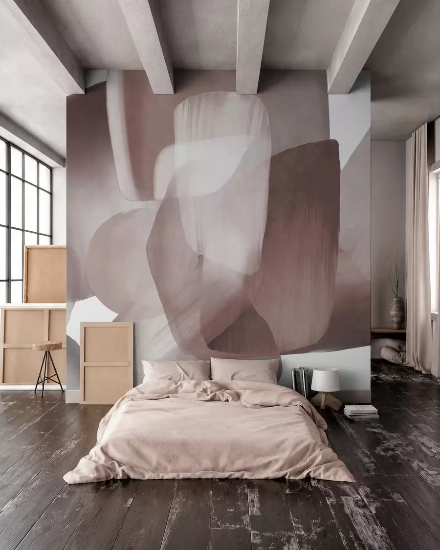wall murals Abstract texrured shapes in muted burgundy and gray colors, with soft edges and overlapping layers w09642v2