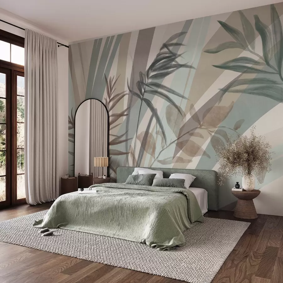 Wall Mural Photo Wallpaper Tall textured grass and leaves in muted earth tones, with abstract lines in the background, creating organic print w09643