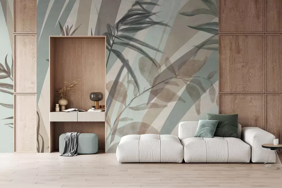 Wall Mural Photo Wallpaper Tall textured grass and leaves in muted earth tones, with abstract lines in the background, creating organic print w09643