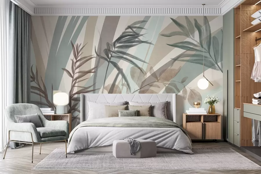 Wall Mural Photo Wallpaper Tall textured grass and leaves in muted earth tones, with abstract lines in the background, creating organic print w09643
