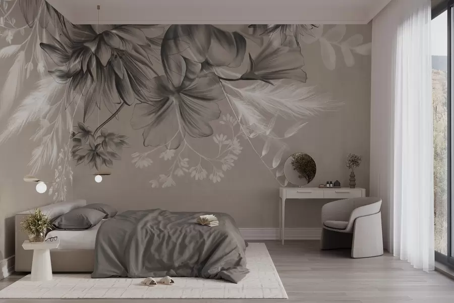 murales Flores y helechos texturizados en tonos gris oscuro y blanco sobre un fondo beige apagado, estilo de dibujo. w09644