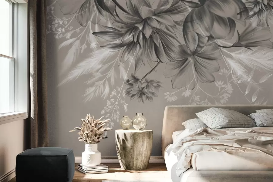 murales Flores y helechos texturizados en tonos gris oscuro y blanco sobre un fondo beige apagado, estilo de dibujo. w09644
