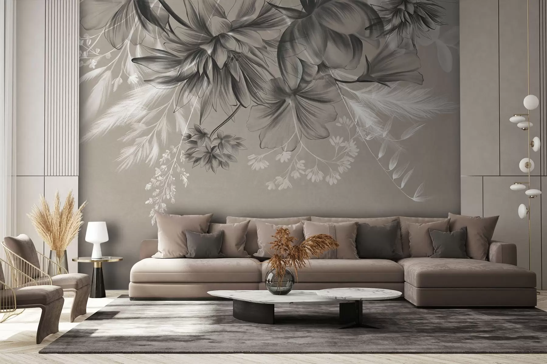 wall murals Textured flowers and ferns in shades of dark gray and white against a muted beige background drawing style w09644