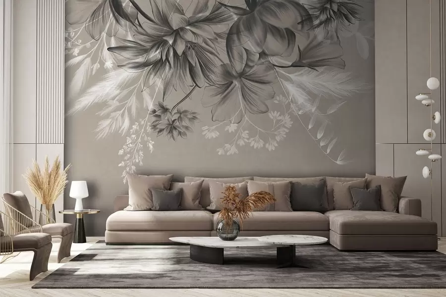 Wall Mural Photo Wallpaper Textured flowers and ferns in shades of dark gray and white against a muted beige background drawing style w09644