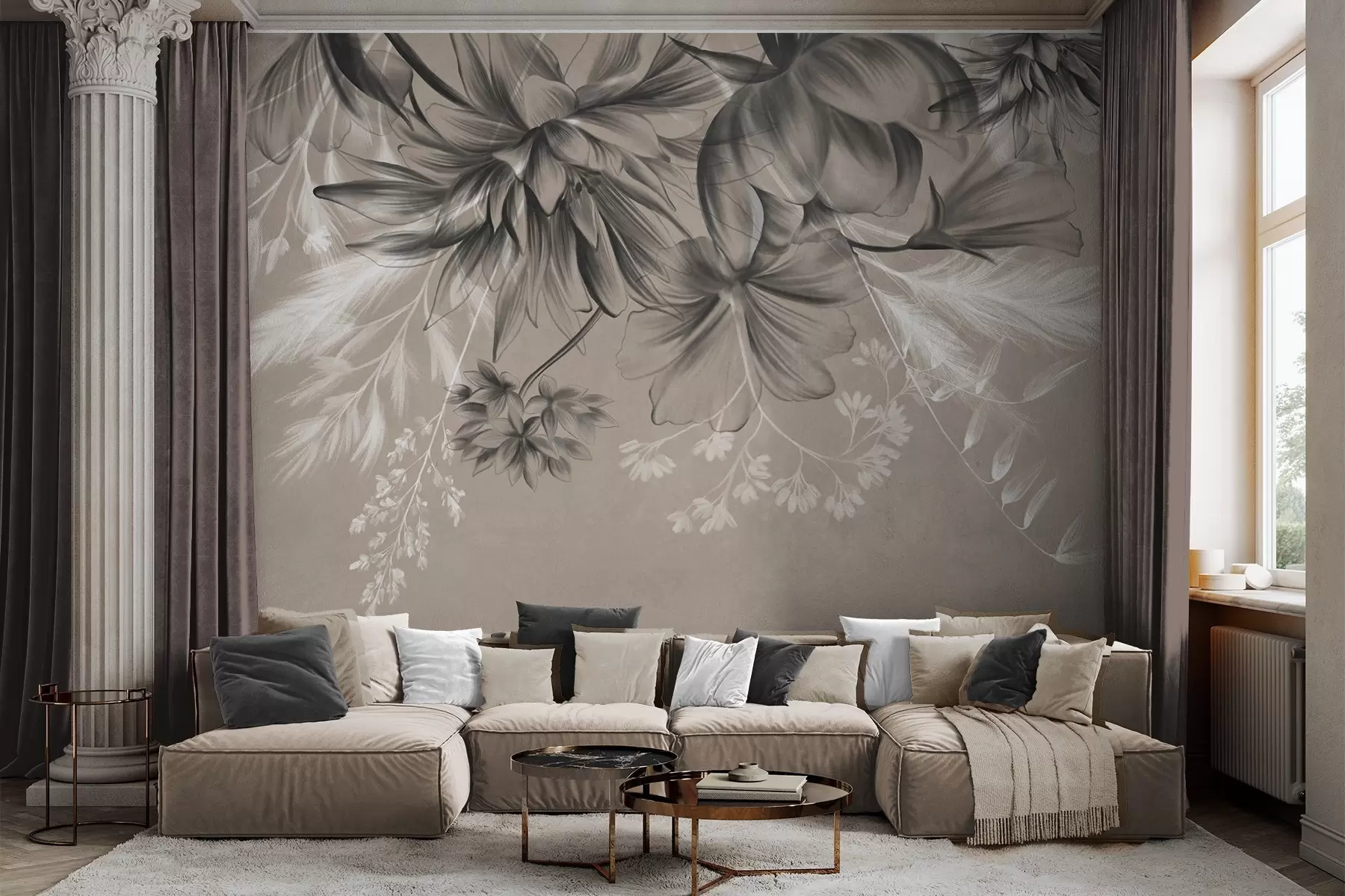murales Flores y helechos texturizados en tonos gris oscuro y blanco sobre un fondo beige apagado, estilo de dibujo. w09644