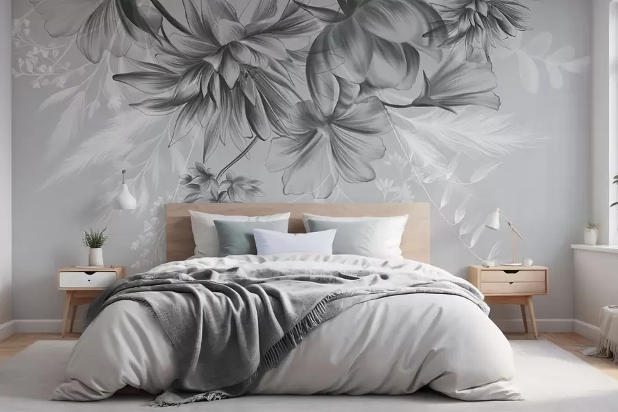 Wall Mural Photo Wallpaper Textured flowers and ferns in shades of dark gray and white against a muted gray background drawing style w09644v1
