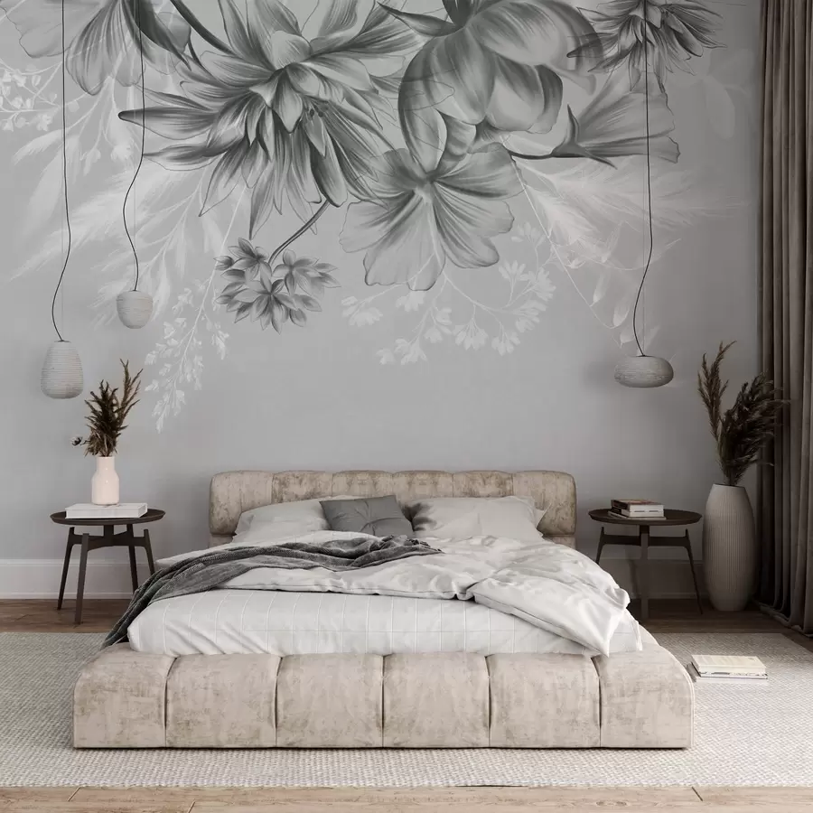 murais de parede Flores e fetos texturizados em tons de cinza escuro e branco contra um fundo cinza suave, estilo de desenho w09644v1