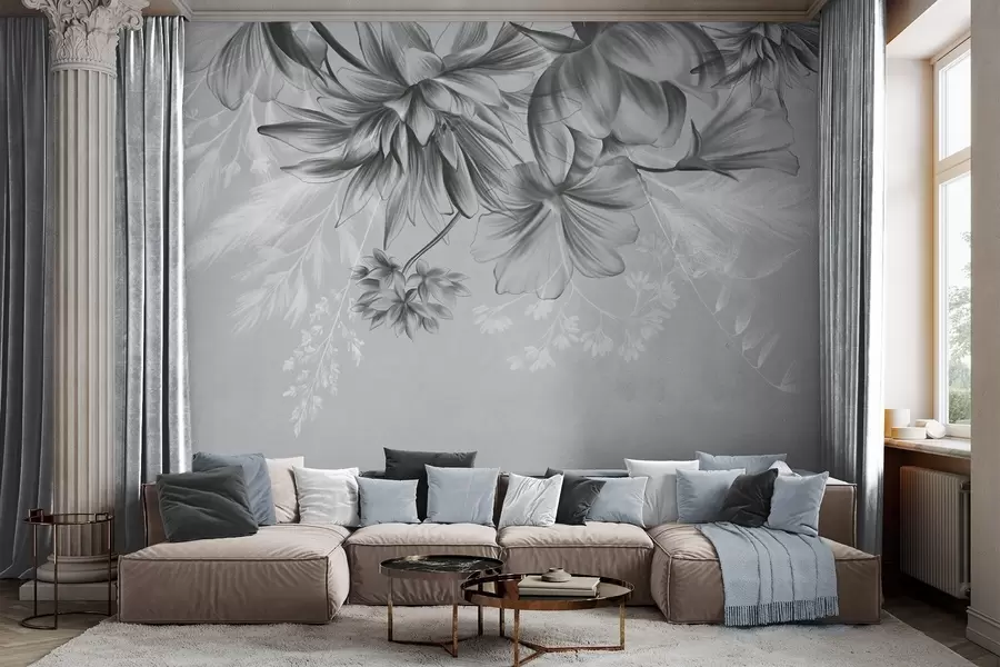 Wall Mural Photo Wallpaper Textured flowers and ferns in shades of dark gray and white against a muted gray background drawing style w09644v1