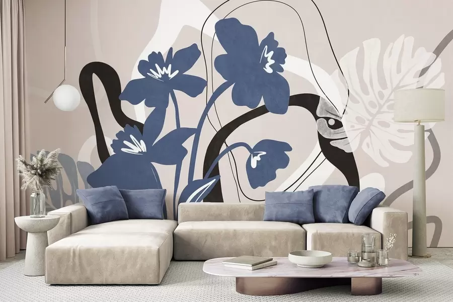 peintures murales Fleurs bleues abstraites texturées avec des formes blanches et noires sur fond beige clair, art minimaliste w09645