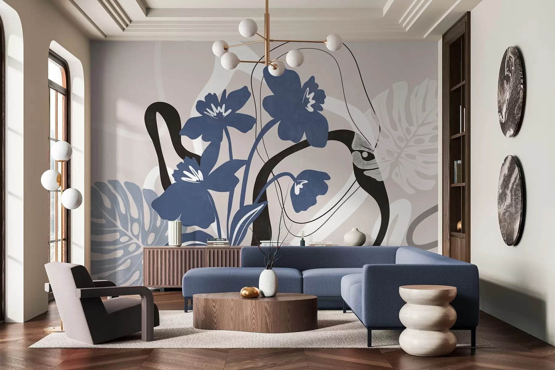 Wall Mural Photo Wallpaper Abstract textured blue flowers with white and black shapes against a light beige background, minimalist art w09645