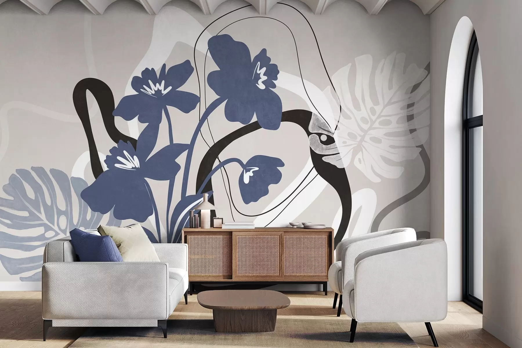murais de parede Flores azuis abstratas com textura e formas brancas e pretas sobre um fundo bege claro, arte minimalista w09645