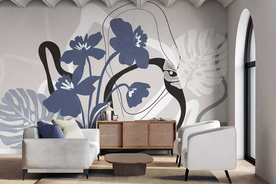 murales Flores azules abstractas con textura y formas blancas y negras sobre un fondo beige claro, arte minimalista. w09645