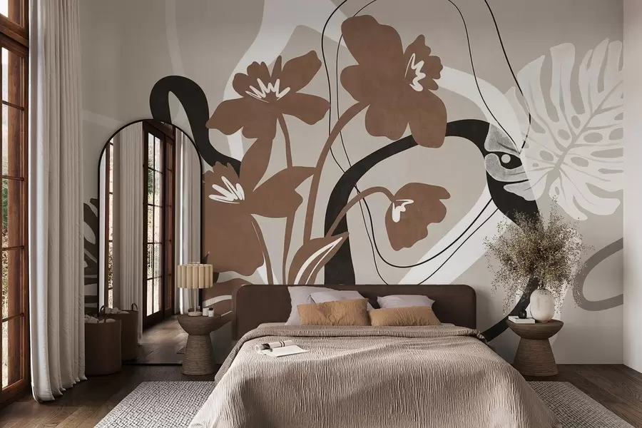 wall murals Abstract textured brown flowers with white and black shapes against a beige background, minimalist art w09645v1