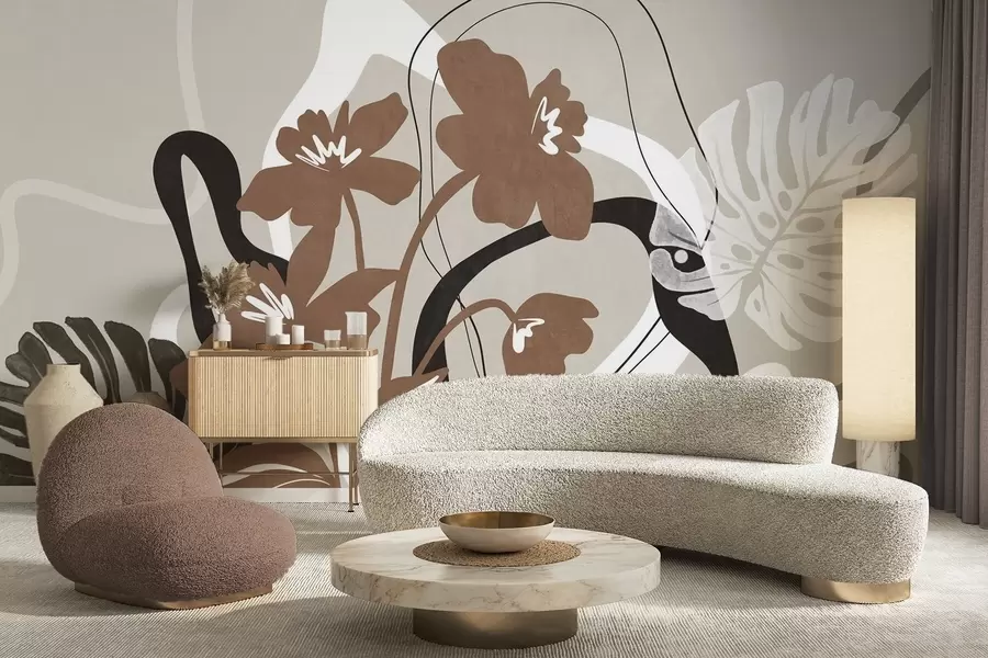 Wall Mural Photo Wallpaper Abstract textured brown flowers with white and black shapes against a beige background, minimalist art w09645v1