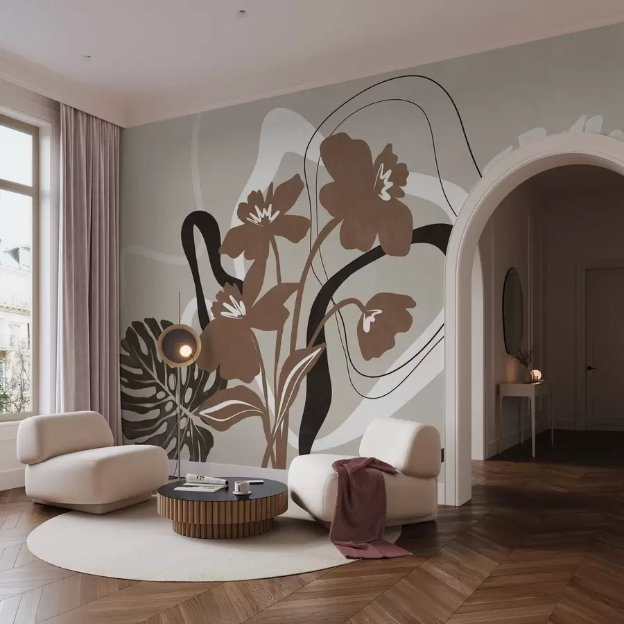 wall murals Abstract textured brown flowers with white and black shapes against a beige background, minimalist art w09645v1