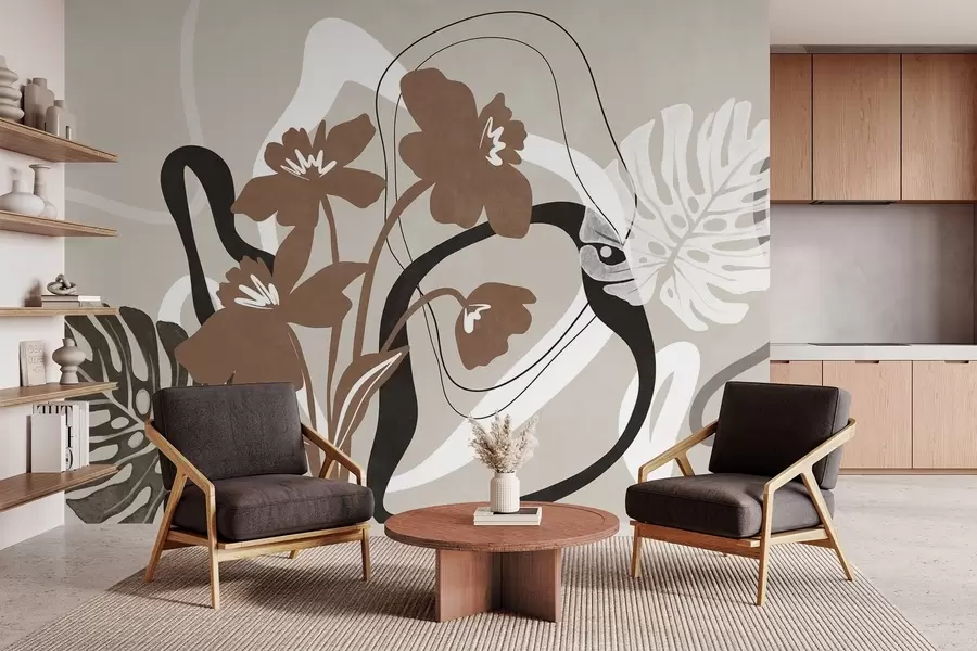 murales Flores marrones abstractas con textura y formas blancas y negras sobre fondo beige, arte minimalista. w09645v1