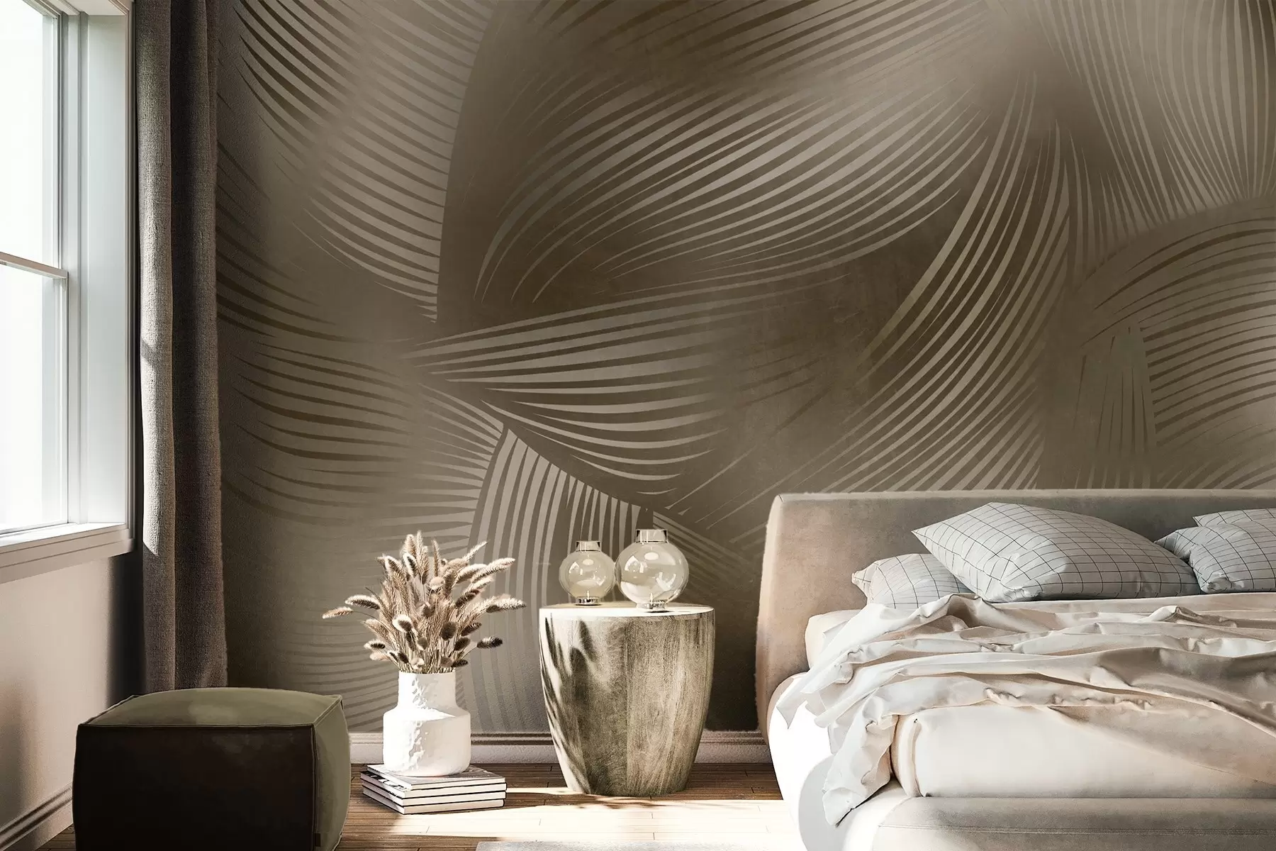 peintures murales Imprimé abstrait composé de lignes fluides et courbes dans des tons brun foncé, créant un effet texturé et moderne. w09646