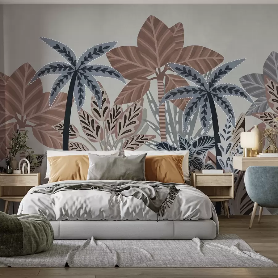 wall murals Textured tropical plants and palm trees with muted colors in decorative boho style against a gray background w09639v1