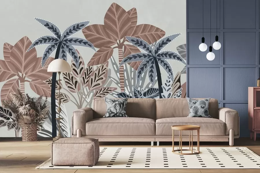 Wall Mural Photo Wallpaper Textured tropical plants and palm trees with muted colors in decorative boho style against a gray background w09639v1