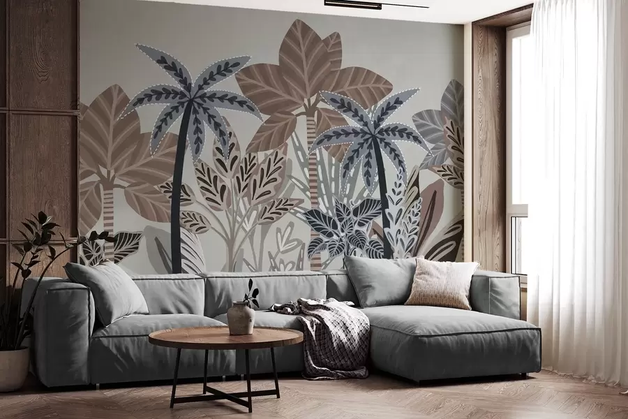 Wall Mural Photo Wallpaper Textured tropical plants and palm trees with muted colors in decorative boho style against a gray background w09639v1