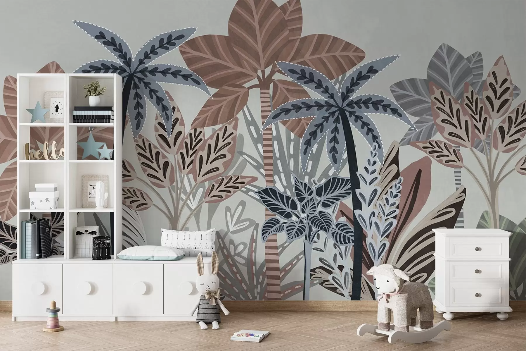 murales Plantas tropicales y palmeras con textura y colores apagados en estilo boho decorativo sobre un fondo gris. w09639v1